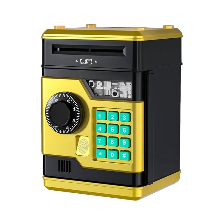 Banca de economii cu amprenta digitala, 13.5x12.3x19cm, culoare aurie, set cadou creativ pentru copii