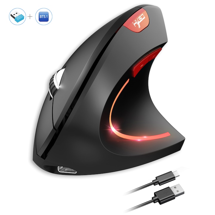 Mouse wireless vertical negru, design ergonomic, 2400 DPI, USB Plug and Play