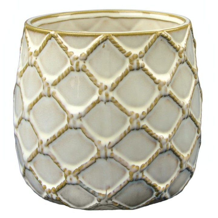 Oslonka ceramica Polnix 15x15cm crem, design vintage, fara drenaj, pentru flori