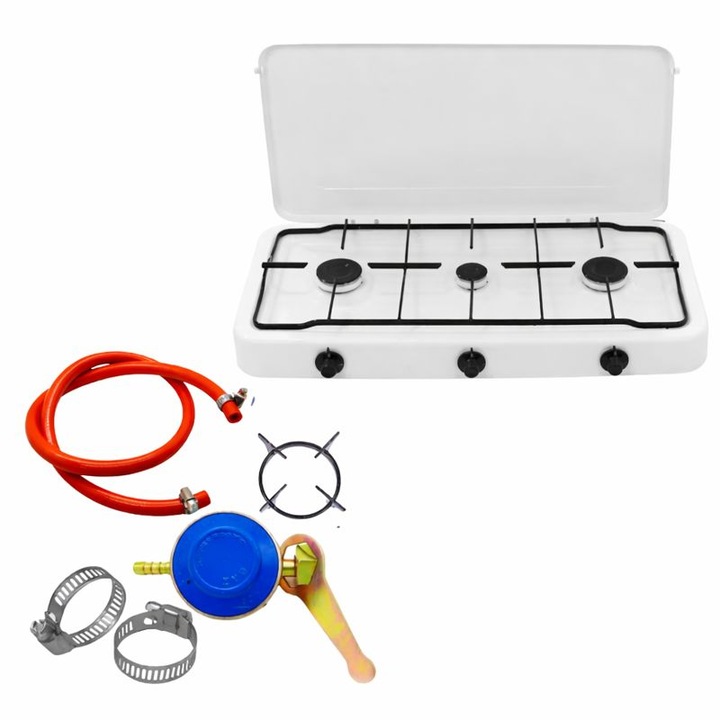 Aragaz portabil FEROTIB 3 ochi, alimentare GPL, kit complet cu furtun 2 m, regulator gaz si suport arzator