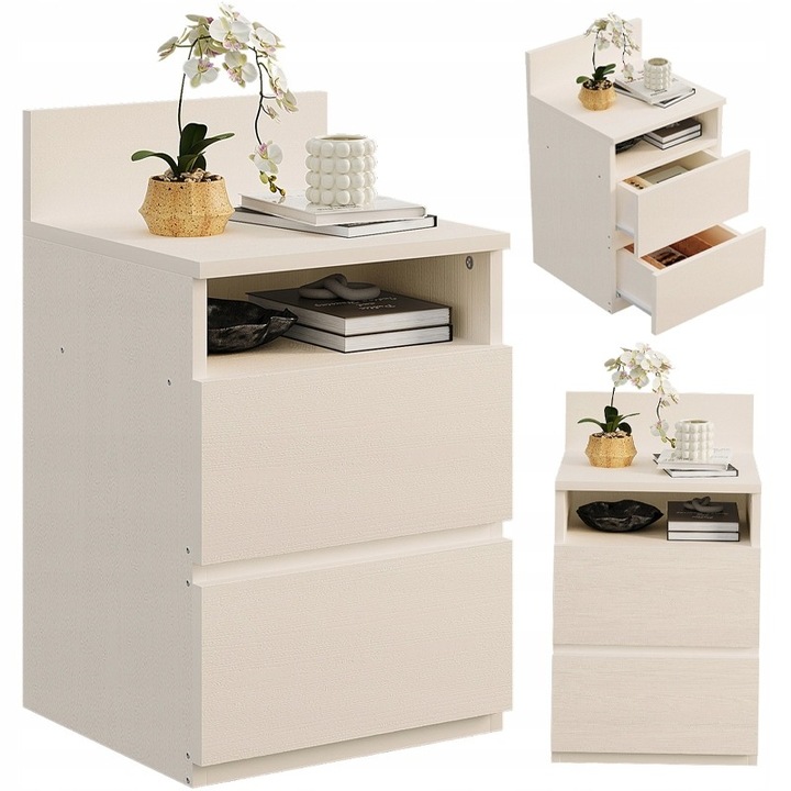 Noptiera, masa pentru dormitor/sufragerie, 2 sertare, stil loft, alba, moderna, 40 cm