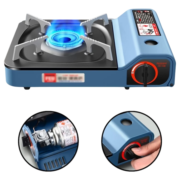 Aragaz de camping, LuckyLu®, aragaz portabil cu butan, echipament de gatit pentru camping, eficient energetic si economisitor de gaz, aprindere electronica, putere a flacarii in mai multe etape, 35x27x11 cm, albastru-negru