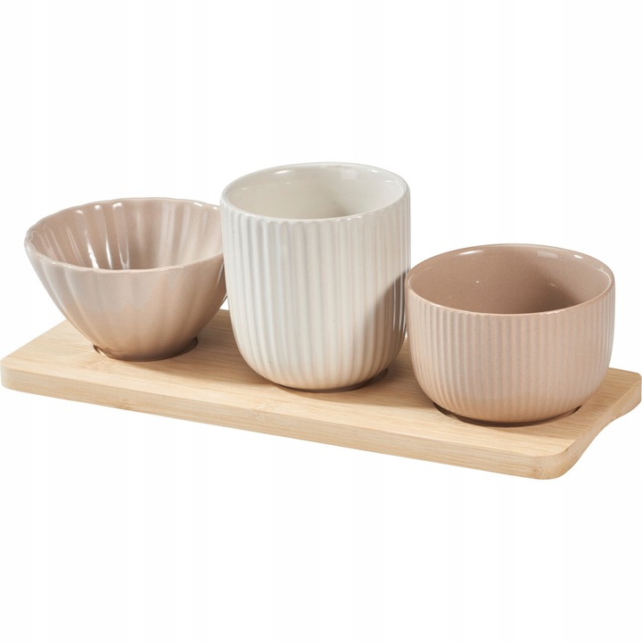 Set 3 boluri ceramice cu tava din bambus, bej, 8-9cm