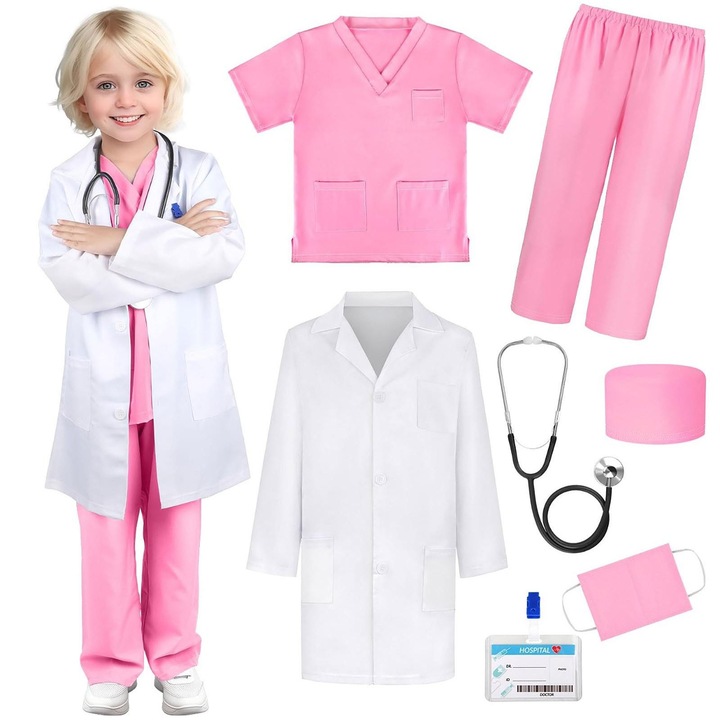 Set costum de doctor pentru copii, AFKSMILE, 7 Piese, Cu stetoscop de jucarie si legitimatie, Tesatura fina, 5-6 ani, Poliester, 110cm, Alb/Roz