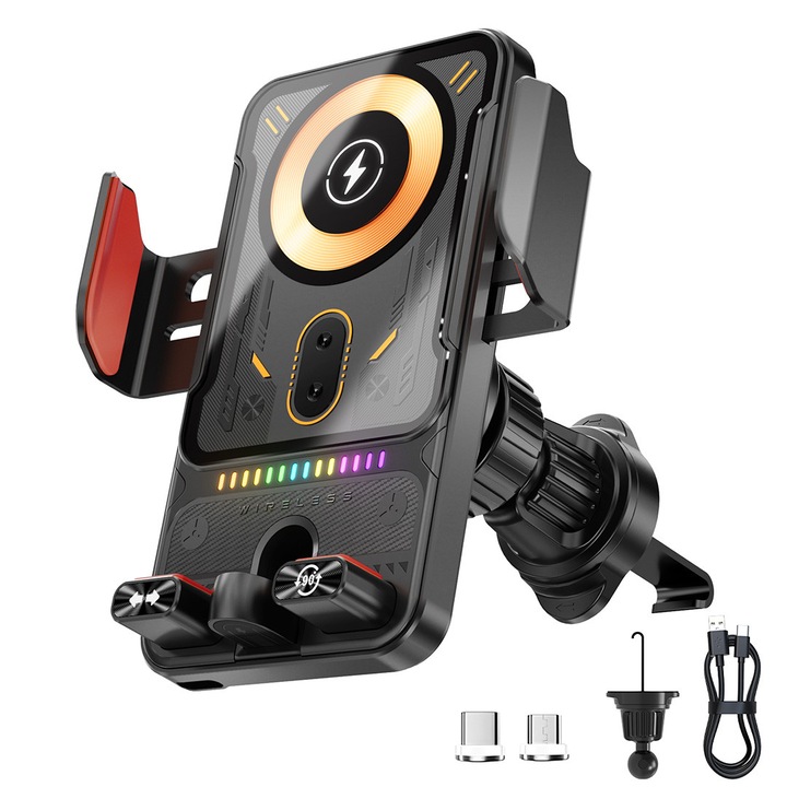 Suport Auto cu Incarcare Wireless 15W + Magnetica Rapida 66W, AHA PRINT®, USB-C si Micro-USB, Senzor Infrarosu Deschidere Automata, Rotire Electrica 90°, Prindere Sigura Grila Ventilatie, Touch Sensor, Compatibilitate iPhone, Samsung, Universala 4 - 7.2”