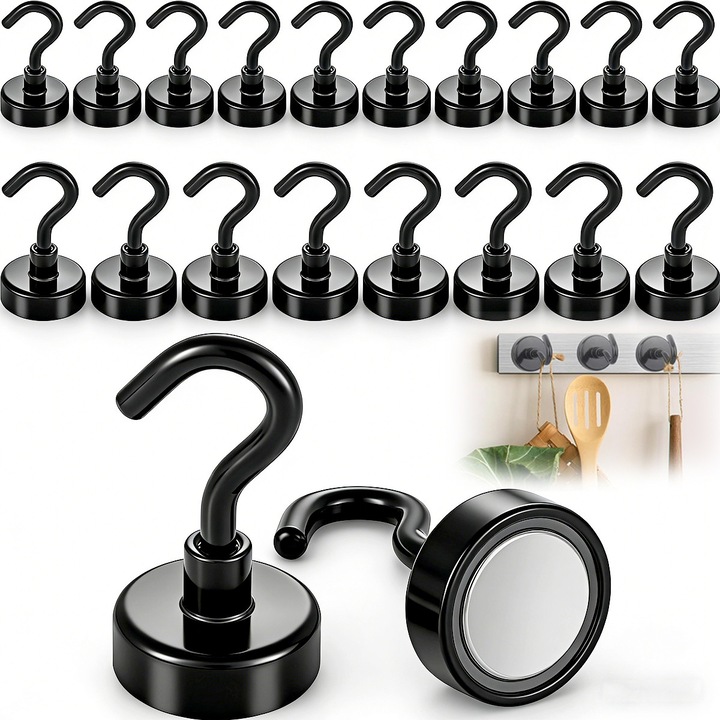 Set 20 carlige magnetice, negru, 6.6 kg, 16x37mm