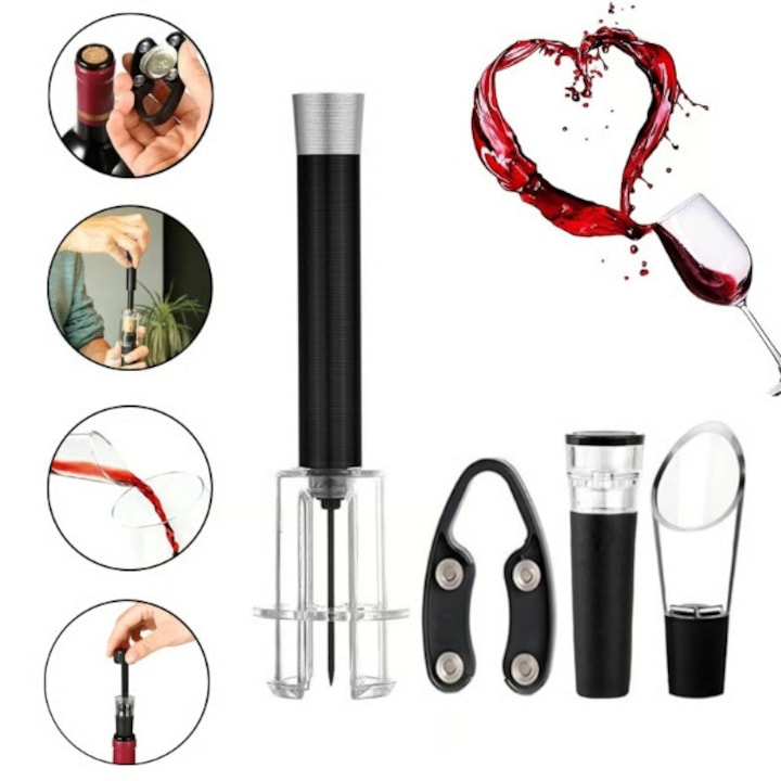 Tirbuson, set deschizator de vin cu pompa de aer 4-in-1, indeparteaza dopurile fara efort, in pachet cu taietor de folie, aerator si dop, in cutie eleganta - AIRCORK HOME & MARKER®