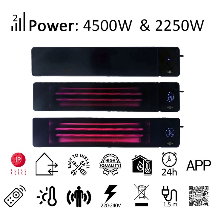 4500W/2250 watt, ElectricSun fekete, infravörös teraszfűtő beltéri/kültéri használatra, termosztáttal és alkalmazással, 100x18 cm-es