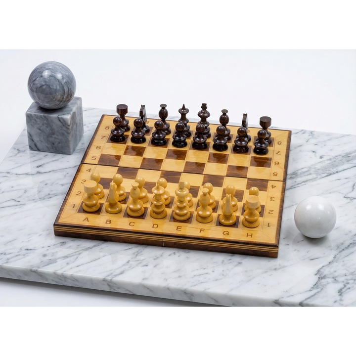 Joc Sah si Table din Lemn ROmde™, 32x32 cm, Maro cu Alb, Numerotat Alfanumeric