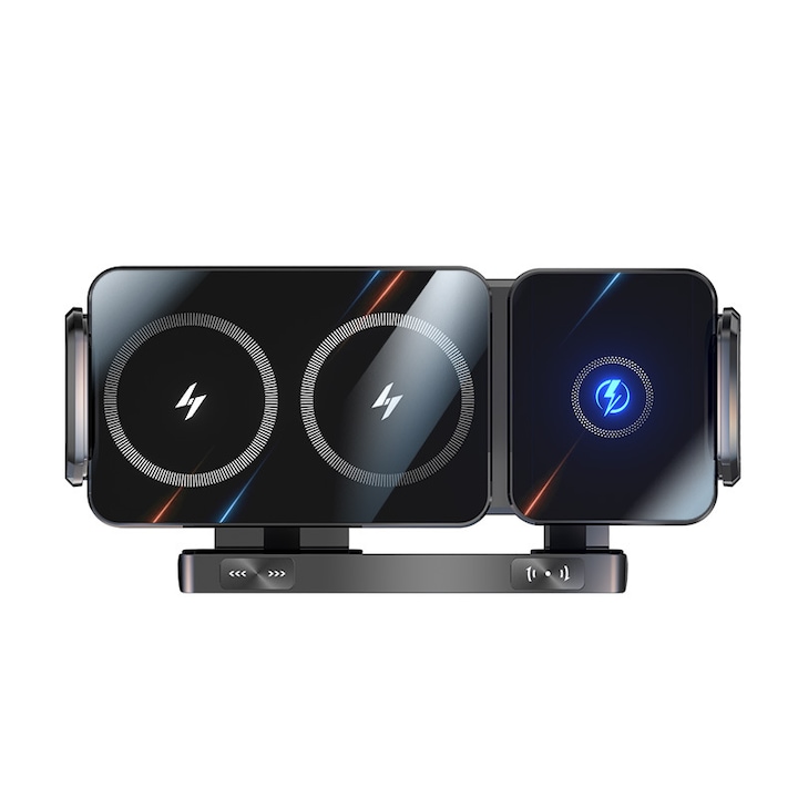 VeniSymlis® Suport auto incarcare wireless BK55, brate cu prindere automata, dublu motor, rotatie 90°, dublu coil, incarcare rapida 15W, pentru iPhone, Samsung, Huawei, Xiaomi, negru/gri