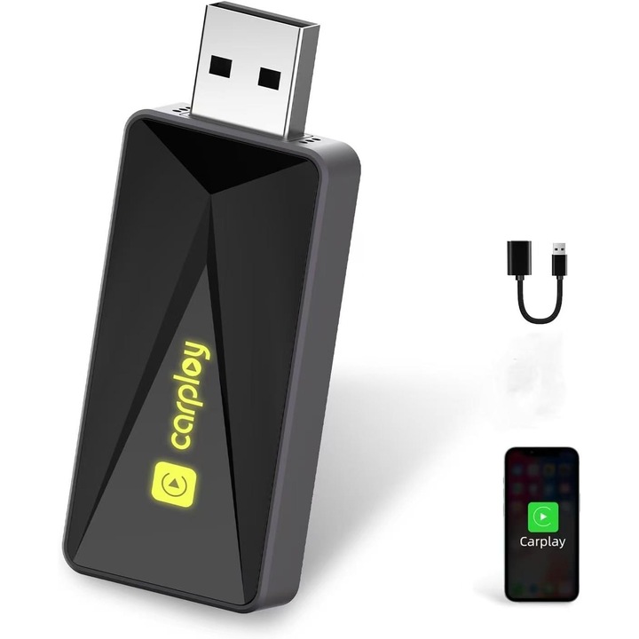 Adaptor Wireless CarPlay ，Omelivon® convertire cablu la wireless, Plug&Play, cu cablu de prelungire, pentru iOS 10+, auto