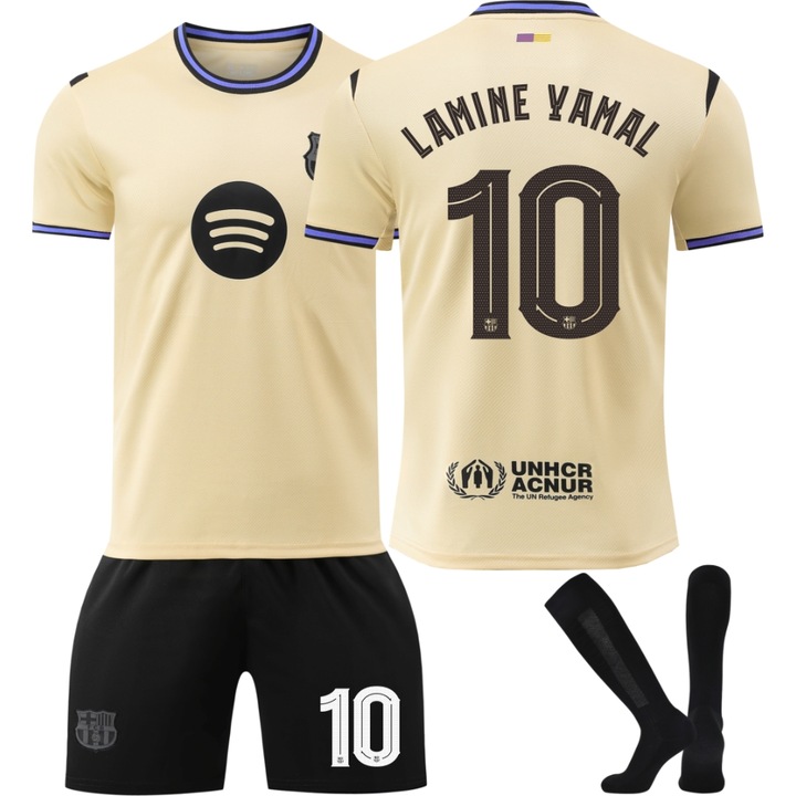 Set echipament sportiv copii Barcelona Yamal, tricou + pantaloni scurți + șosete, galben, 140-150 cm