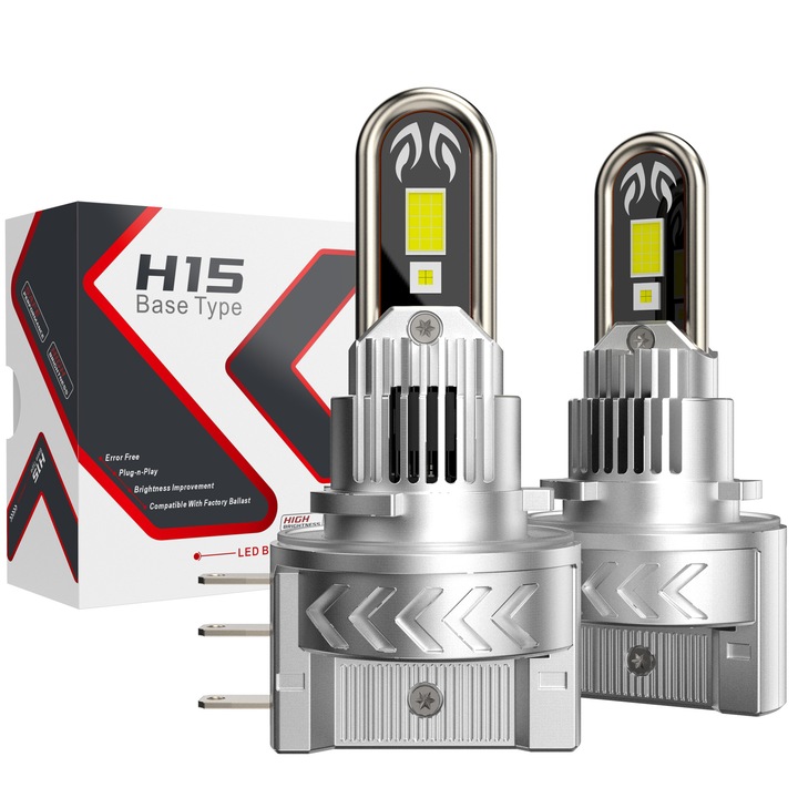 Комплект 2 LED крушки H15, Модернизирани 6000K 20000LM висока яркост, Canbus, Алуминий, Бърз монтаж Plug and Play, 12V Автомобилни фарове, Живот 50000 часа