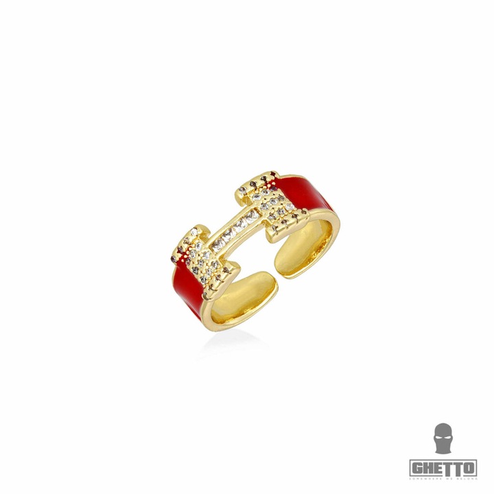 Inel dama Ghetto, model litera H, din cupru placat cu aur de 18k si zirconii, auriu/rosu