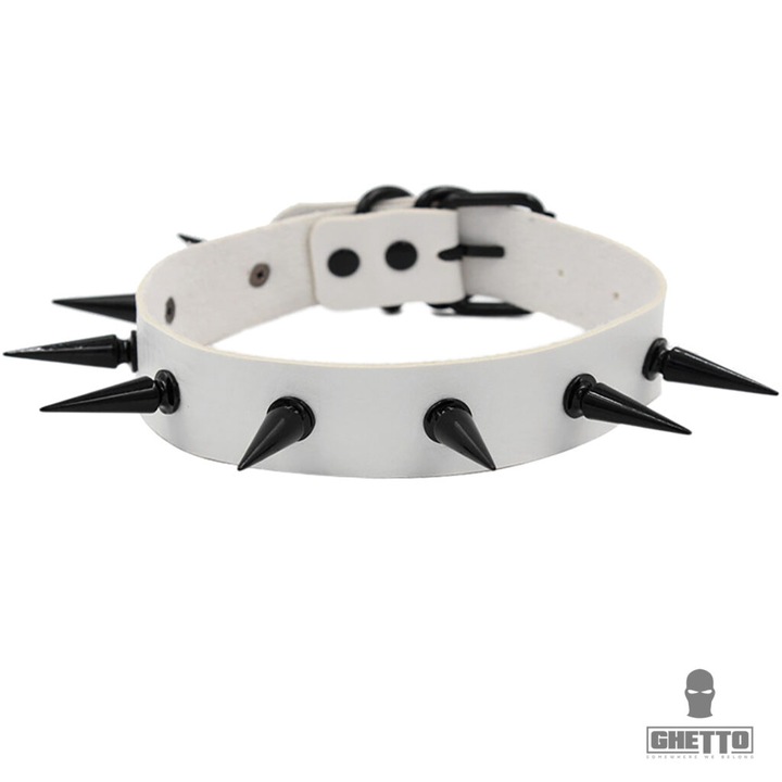 Colier dama choker punk din piele PU, Ghetto, cu varfuri metalice, negru\alb
