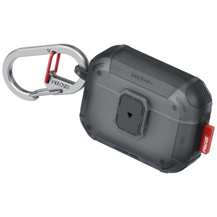 Husă Skinarma Mecha LE pentru AirPods Pro 3, Gri, material TPU, cu carabinier, protecție 360°