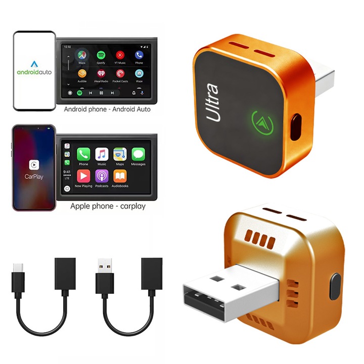 Adaptor Wireless CarPlay & Android Auto 2-in-1, SDLOGAL, transforma conexiunea prin cablu in wireless, BT, Mini USB, Car Smart Box, culoare portocalie