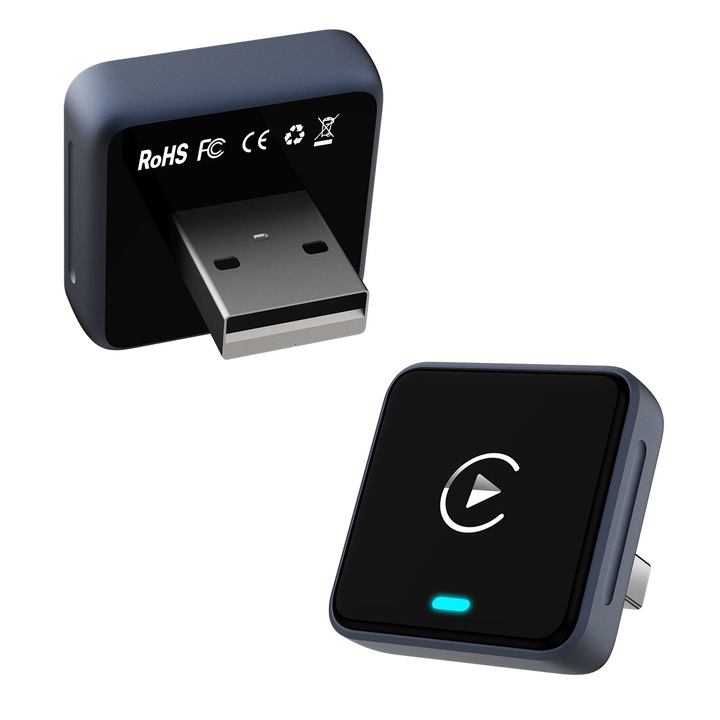 Adaptor Premium Wireless CarPlay & Android Auto, Design discret bleumarin inchis, Performanta super stabila, Reconectare instanta, Plug & Play