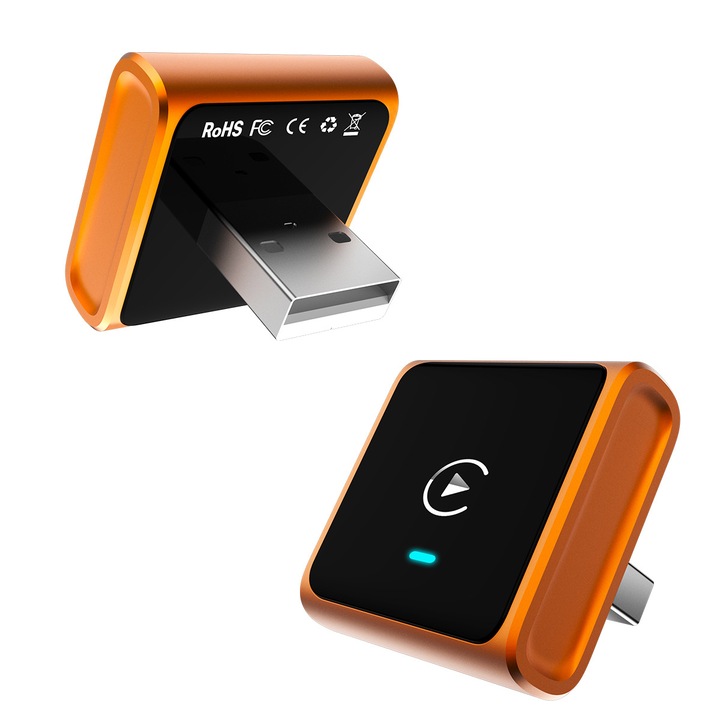 Produs exclusiv! Adaptor wireless CarPlay si Android Auto, Performanta stabila, conexiune ultra-rapida, Plug and play garantat, Culoare portocalie stralucitoare