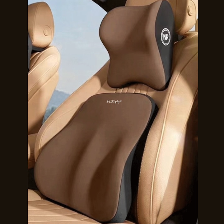 2 db ergonomikus autós párna üléshez, deréktámasz és nyaktámasz, memóriahab, fokozott vezetési kényelem, bármilyen autóval kompatibilis, barna, PriStyle®