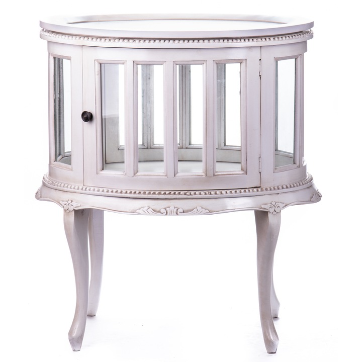 Dulap tip bar, vitrină curbate, lemn de mahon, alb, 80x70x52cm