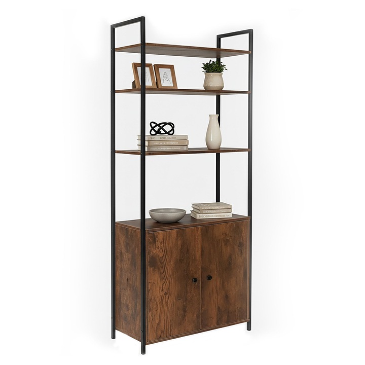Bibliotecă Relaxdays, 4 niveluri, 2 dulapuri, Maro, 60x24x159.5cm