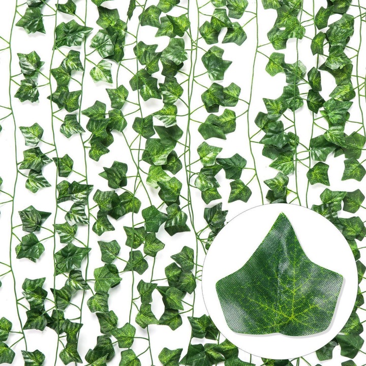 Изкуствен бръшлян, SNM, Комплект 3 броя декоративна гирлянда, Обща дължина 6м, Естествен вид, Идеална за декорация на стена, балкон, тераса или събития, Устойчиви текстилни листа, 2.1м на брой, Зелен