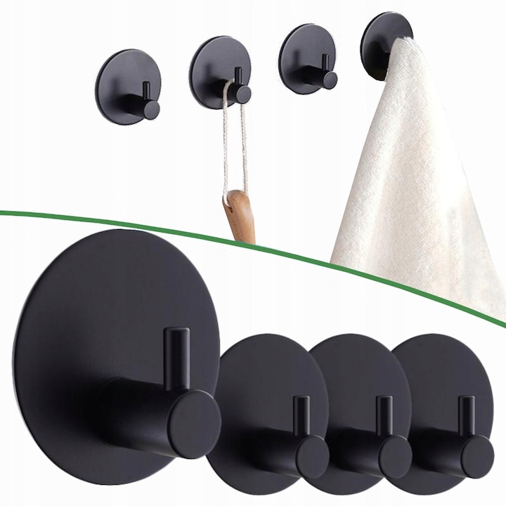 Carlig autoadeziv SNM, suport prosop din inox cu banda 3M, pentru baie si bucatarie, fara gaurire, rezistent la apa si rugina, design modern loft, rotund 4.5x4.5 cm, negru mat