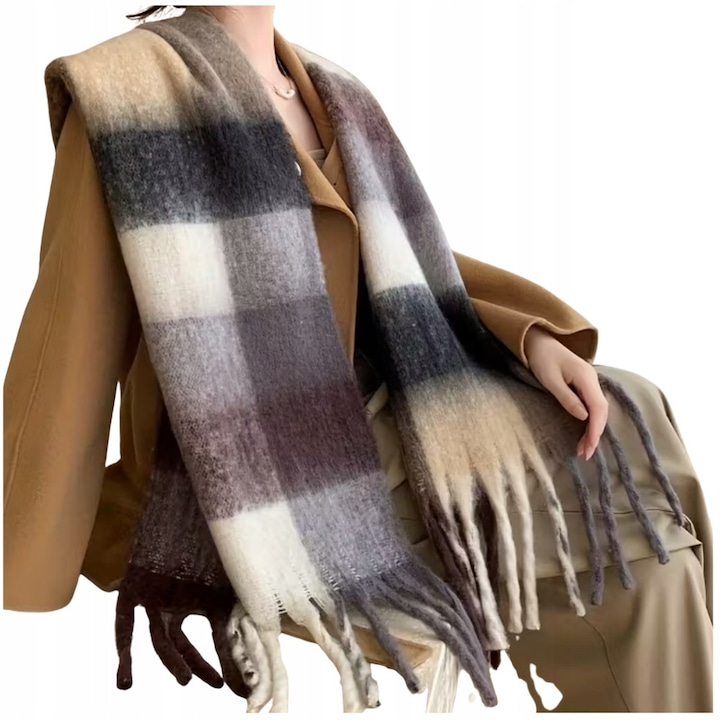 Salar Dama Iarna, SNM, Fular Lung Si Gros In Carouri Cu Franjuri, Esarfa Eleganta Din Material Moale Si Calduros, Imprimeu Clasic In Carouri, Dimensiuni 240x40 cm, Marime Universala, Nuante Maro, Bej/Maro