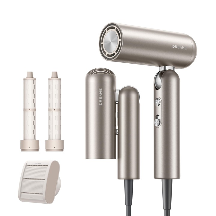 Високоскоростен сешоар Dreame Pocket Neo, сгъваем в 3 форми, 300 г, мотор 110.000 об/мин, 300 милиона отрицателни йони/cm3, постоянна температура 57°C-Titanium Gold