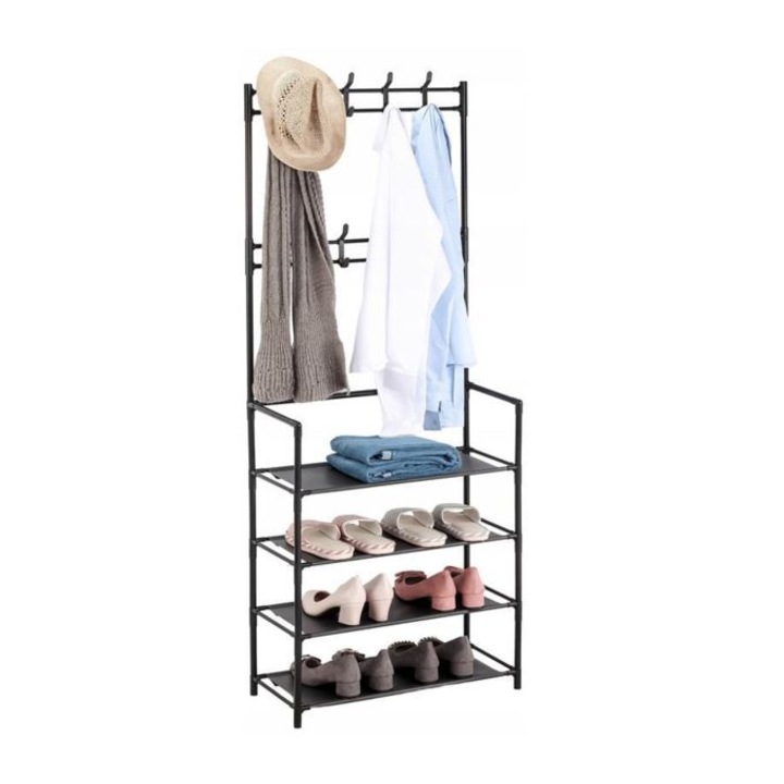 Cuier pentru haine Relaxdays, 150.5x59.5x25cm, suport pantofi 4 rafturi, negru