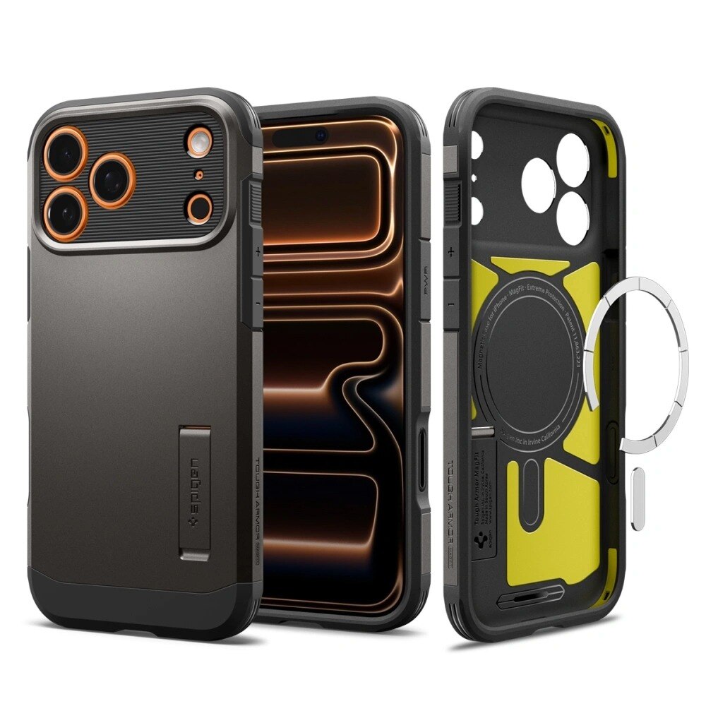 Husa pentru iPhone 17 Pro Max Spigen Tough Armor "T" MagSafe, Protectie camera, Calitate premium, Incarcare wireless, Stand incorporat, Gri