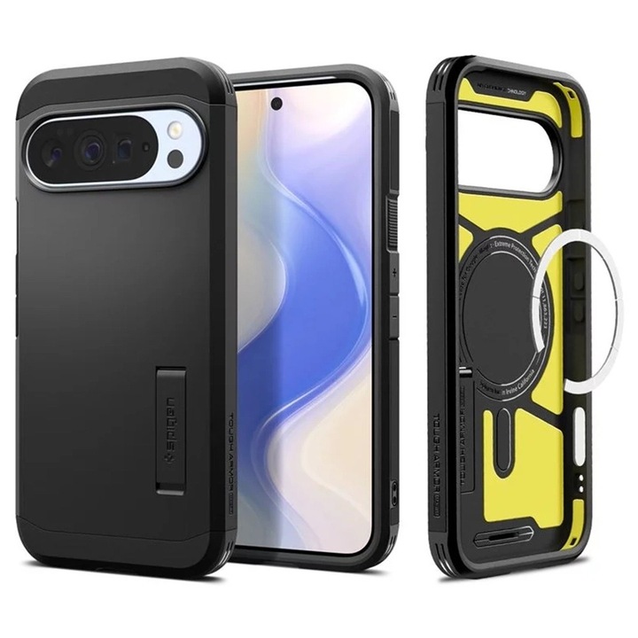 Husa pentru Google Pixel 10 Pro XL Spigen Tough Armor MagSafe, Protectie camera, Calitate premium, Incarcare wireless, Stand incorporat, Negru