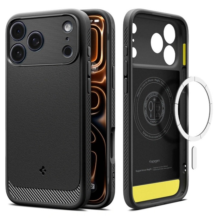 Калъф за Apple iPhone 17 Pro Spigen Rugged Armor MagSafe, Защита на камерата, Безжично зареждане, Черен
