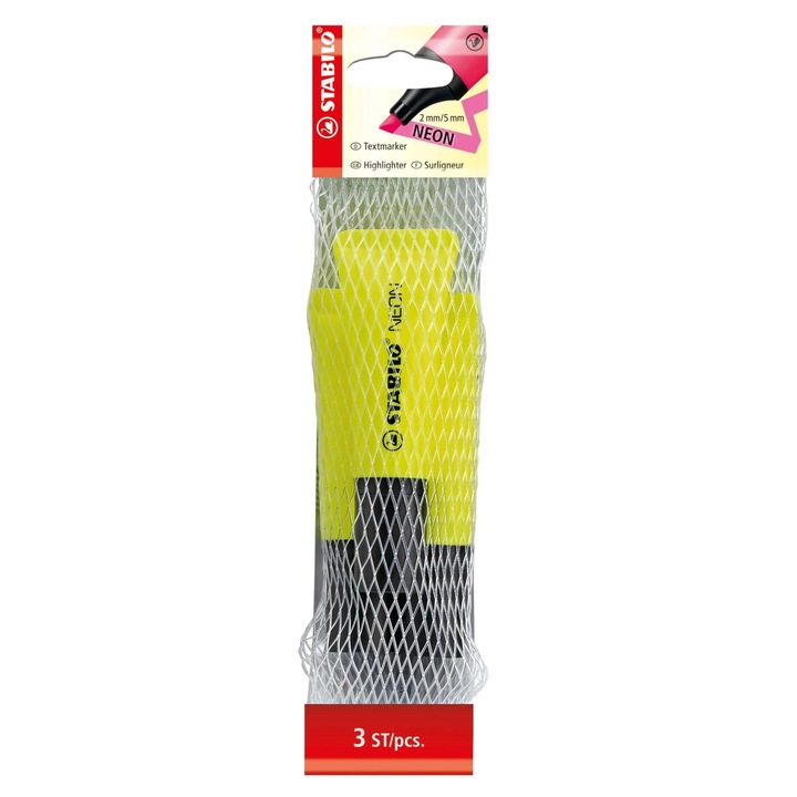 Textmarker Stabilo NEON, set 3 bucăți, galben, tub elegant, vârf oblic