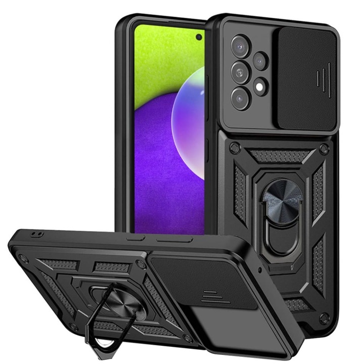 Husa pentru Samsung Galaxy A52, SKYDDAR INNOVATION, CamShield, set cu sticker, Negru