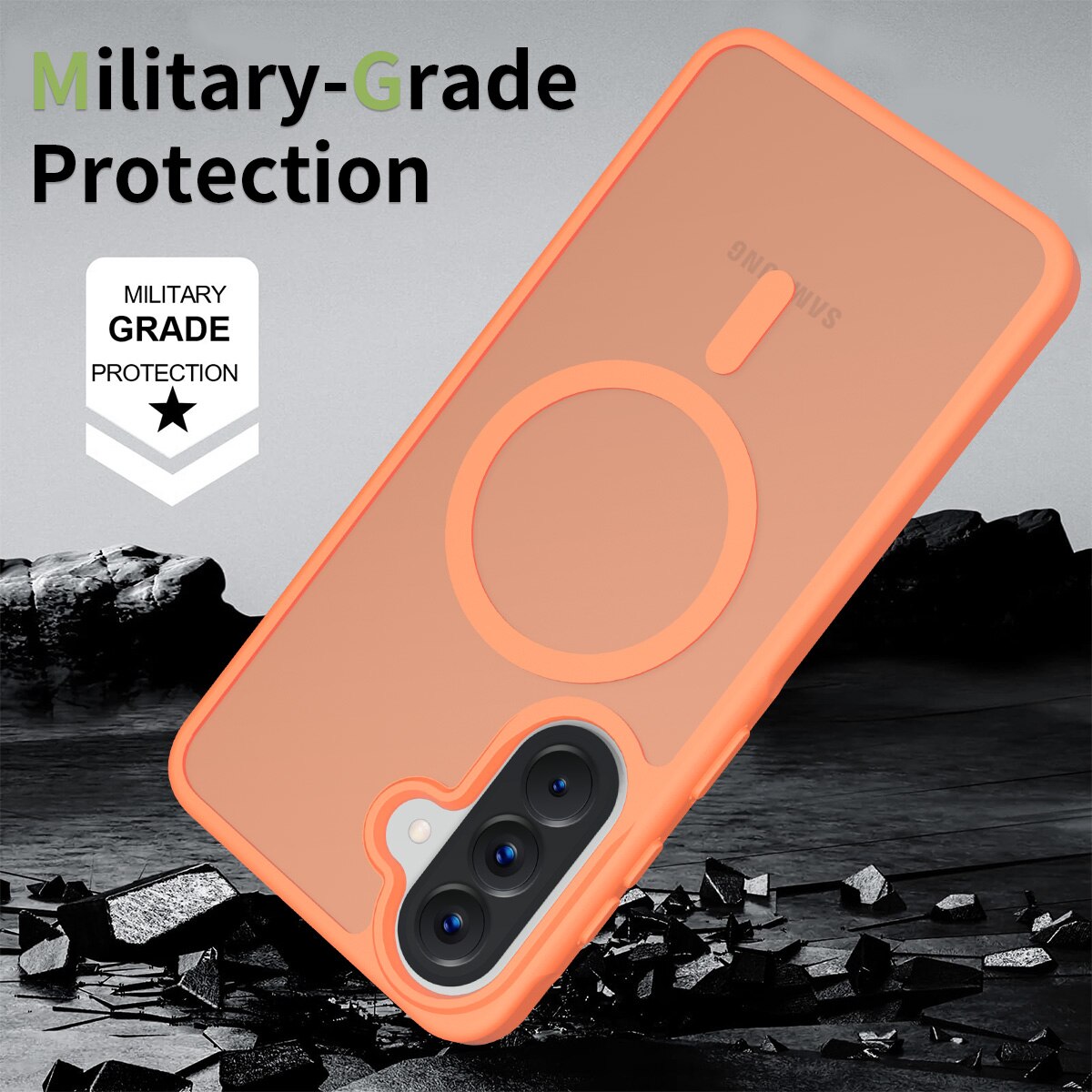 Husa de protectie pentru Samsung Galaxy A57, Omelivon, MagSafe, Incarcare Wireless, Antisoc, Margini Ridicate pentru Protectia Ecranului si a Camerelor, Materiale Premium, Portocaliu