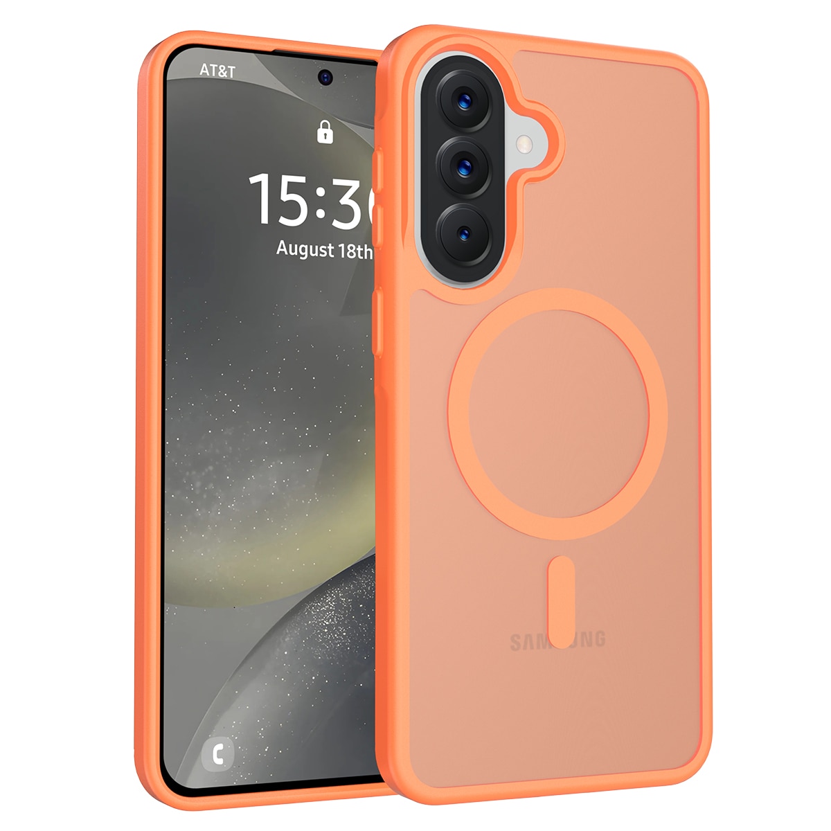Husa de protectie pentru Samsung Galaxy A57, Omelivon, MagSafe, Incarcare Wireless, Antisoc, Margini Ridicate pentru Protectia Ecranului si a Camerelor, Materiale Premium, Portocaliu