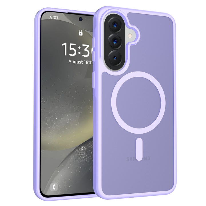 Husa de protectie pentru Samsung Galaxy A57, Omelivon, MagSafe, Incarcare Wireless, Antisoc, Margini Ridicate pentru Protectia Ecranului si a Camerelor, Materiale Premium, Violet deschis