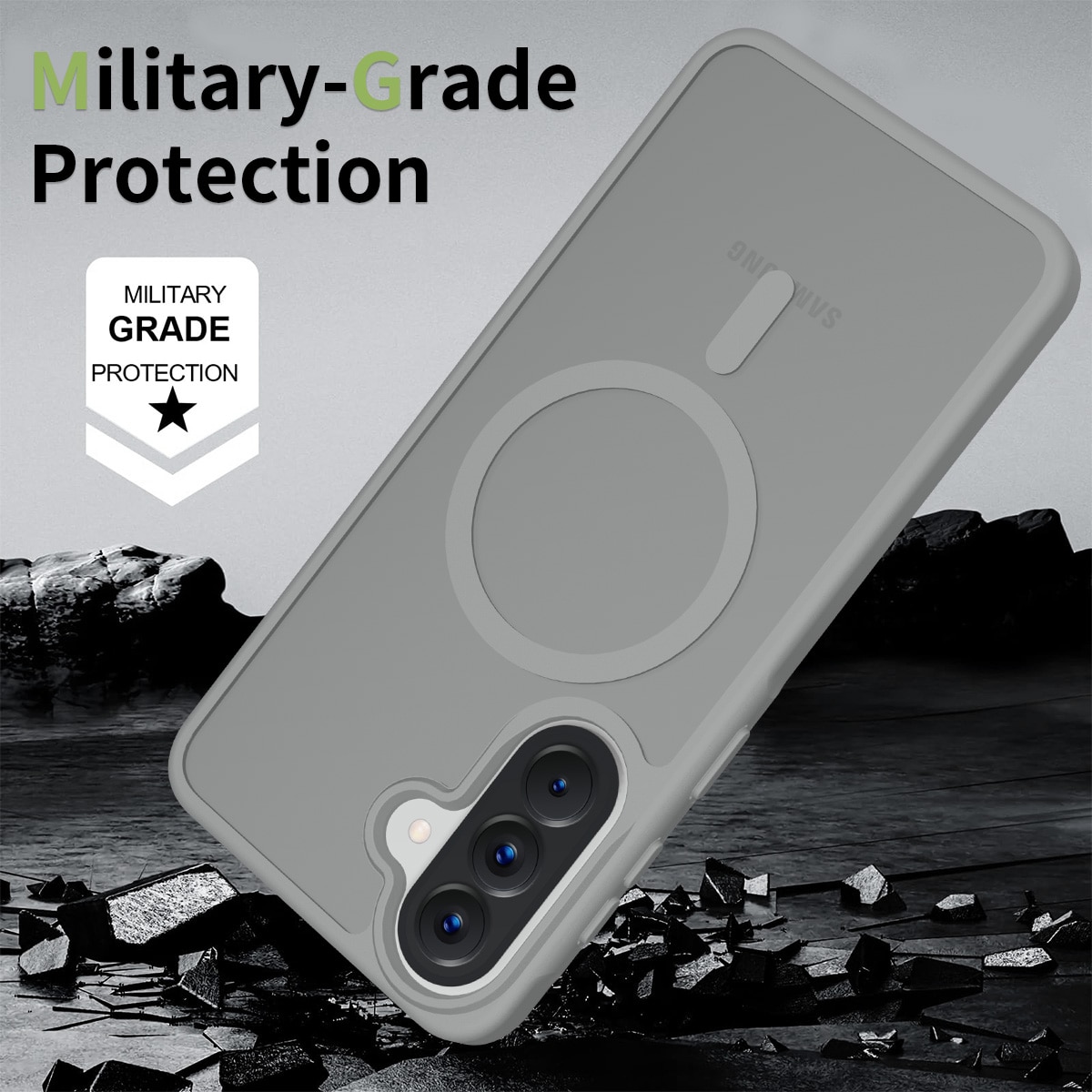 Husa de protectie pentru Samsung Galaxy A57, Omelivon, MagSafe, Incarcare Wireless, Antisoc, Margini Ridicate pentru Protectia Ecranului si a Camerelor, Materiale Premium, Gri inchis