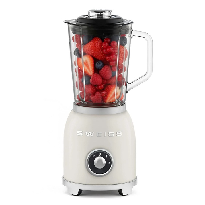 Blender Retro Sweiss, 1.5 litri, 6 lame otel inoxidabil, recipient din sticla, 2 trepte de viteza, functie Pulse, usor de curatat si de folosit, picioruse antiaderente, 1000 W, crem