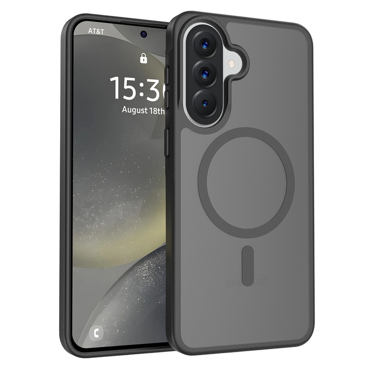 Защитен калъф за Samsung Galaxy A57, Omelivon, MagSafe, Безжично зареждане, Противоударен, Повдигнати ръбове за защита на екрана и камерите, Премиум материали, Черен