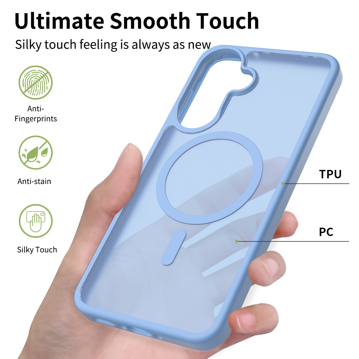 Husa de protectie pentru Samsung Galaxy A37, Omelivon, MagSafe, Incarcare Wireless, Antisoc, Margini Ridicate pentru Protectia Ecranului si a Camerelor, Materiale Premium, Albastru deschis