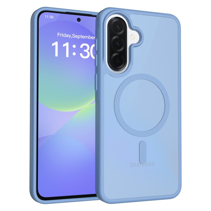 Husa de protectie pentru Samsung Galaxy A37, Omelivon, MagSafe, Incarcare Wireless, Antisoc, Margini Ridicate pentru Protectia Ecranului si a Camerelor, Materiale Premium, Albastru deschis