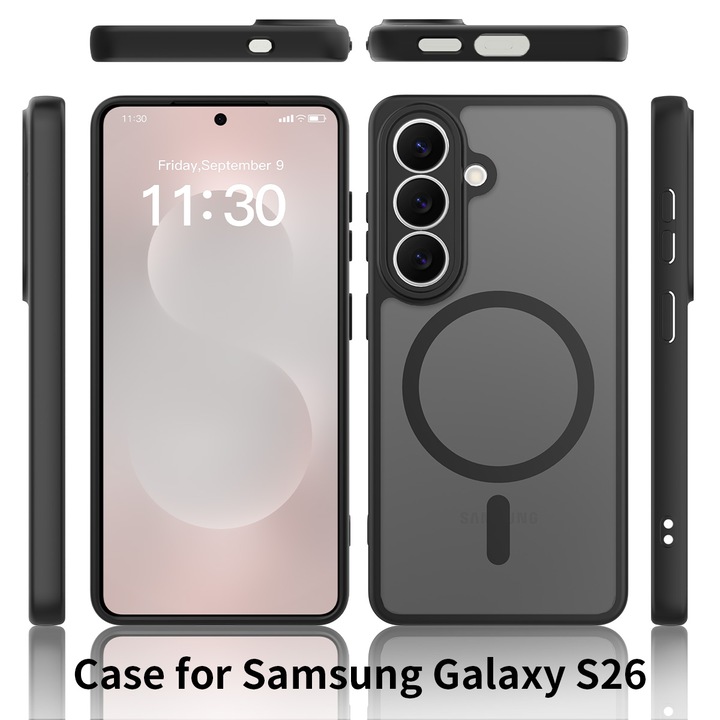 Защитен калъф за Samsung Galaxy S26, Omelivon, MagSafe, Пълна защита, Удароустойчив, Прецизни изрези, Безжично зареждане, Премиум материали, Черен