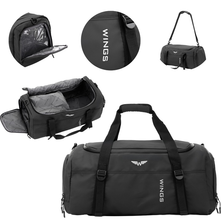 Geanta Multifunctionala Wings Rook 36L Pentru Sport Si Calatorii, Cu Compartiment Pentru Pantofi, Material Impermeabil, Buzunar Cu Fermoar, Curea De Umar Reglabila Si Sistem Practic De Fixare Pe Troler