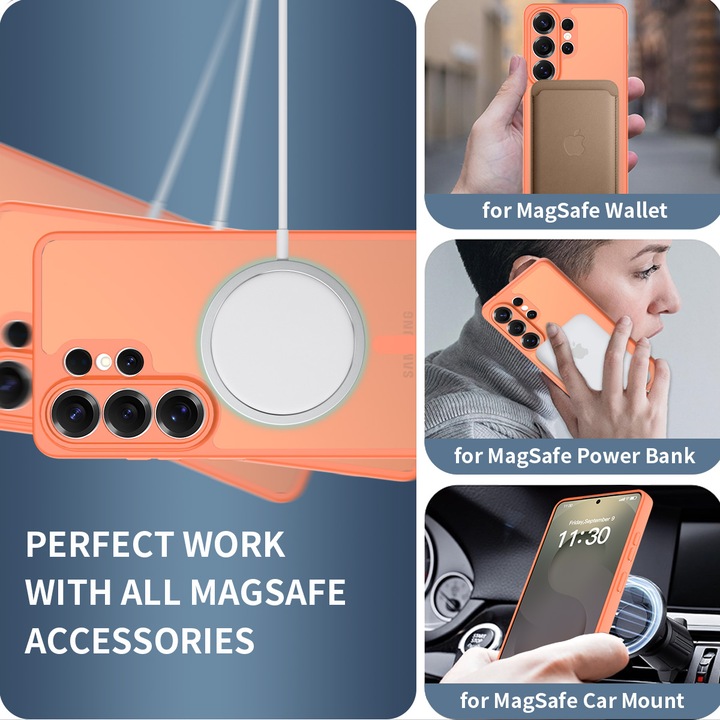Защитен калъф за Samsung Galaxy S26 Ultra, Omelivon, MagSafe, Пълна защита, Удароустойчив, Прецизни изрези, Безжично зареждане, Премиум материали, Оранжев