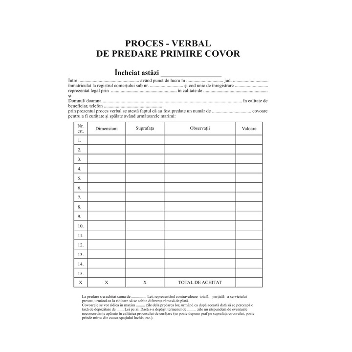 Proces verbal de predare primire covor, autocopiativ 2 ex, 25 seturi, 50 file, Format A4