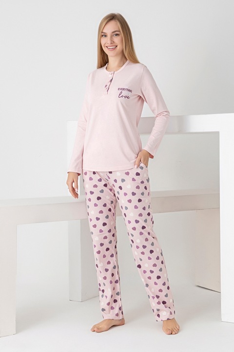 Pijamale dama, Pijamangel, LOVE, material moale, detalii cu inimioare, Roz