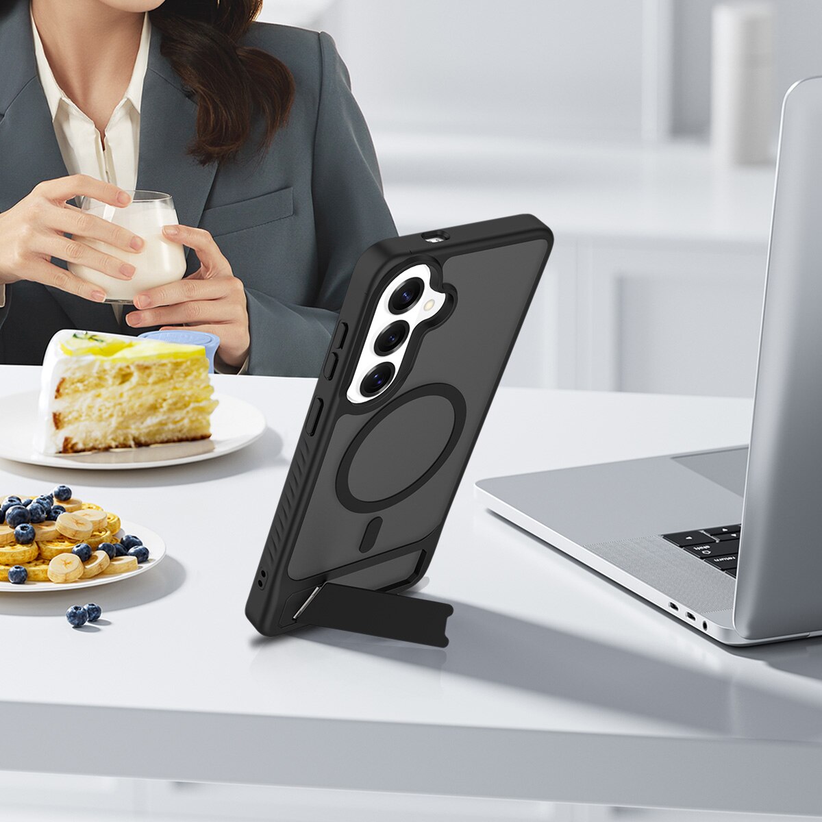 Husă de protecție, Omelivon, pentru Samsung Galaxy S26 Plus, suport ajustabil, antișoc, neagră
